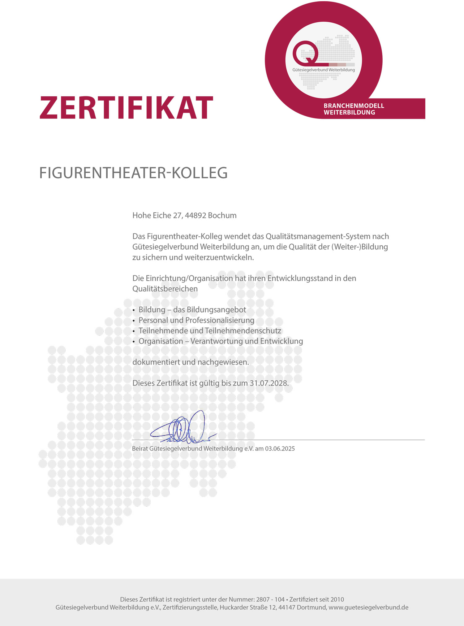 Zertifikat Gütesiegel Weiterbildung