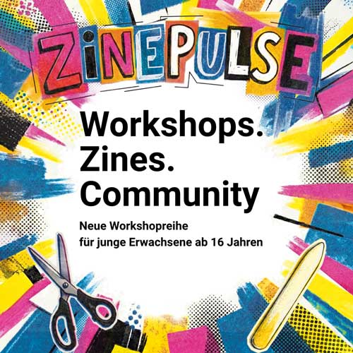 Plakat Zinepulse - Workshops. Zines. Community (Illustration: Lui Kohlmann)